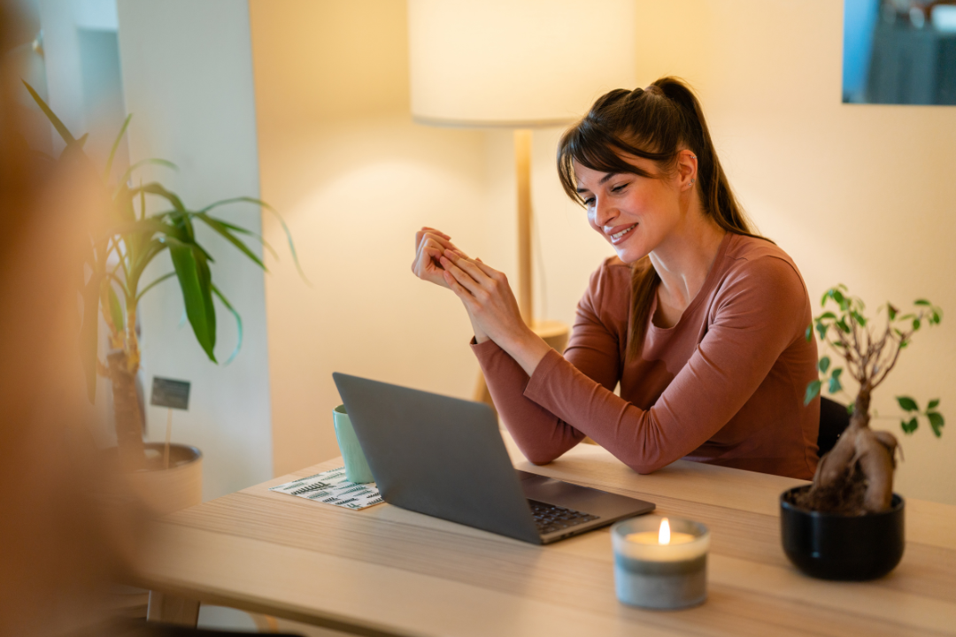 A bold headline says “WRITE SEO-FRIENDLY BLOG POSTS FAST & EFFECTIVELY” above a digital illustration of a browser window with colorful lines and a magnifying glass, placed on a white background with a wooden surface featuring a magnifying glass and an open notebook.